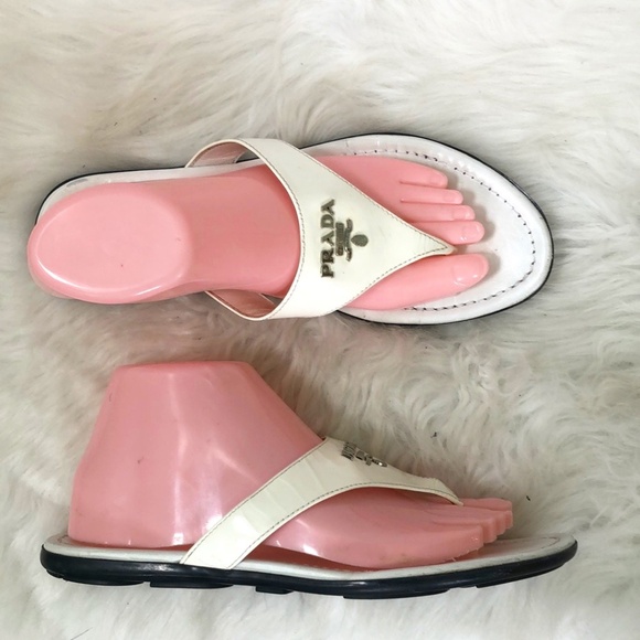 Prada White Leather Flip Flop Sandals